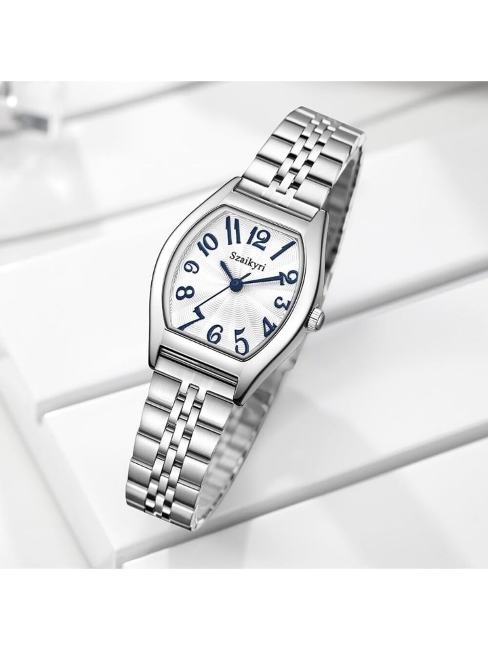 Women's Silver-Blue Barrel-Shaped Easy Read Arabic Numerals Dress wrist Watch - Picture 5 of 6